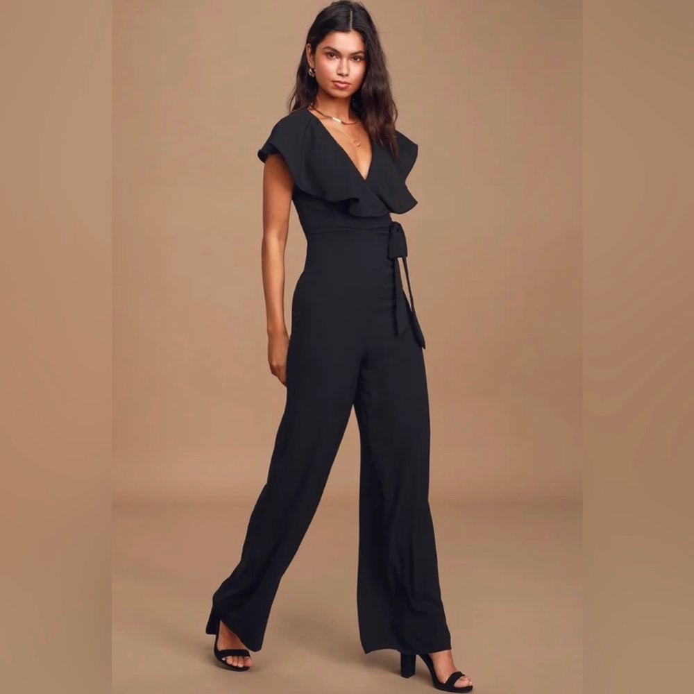 NEW NWT Black, ruffle short sleeve, faux wrap, wide leg jumpsuit, sexy, outfit S